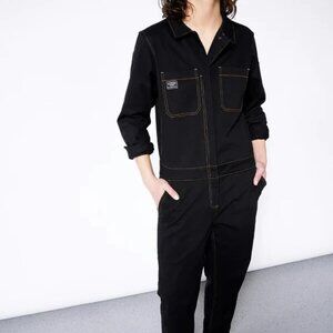 Wildfang Essential Long Sleeve Coverall Black Brushed Cotton Yellow Stitches